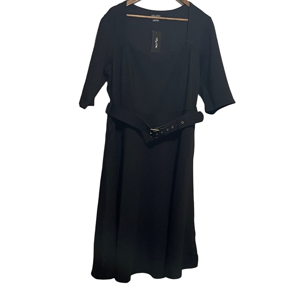 City Chic Black Midi Dress with Belt Sz 18